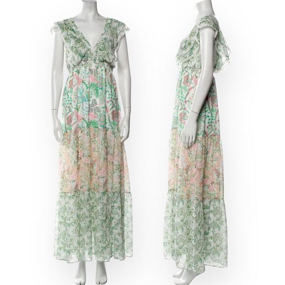 HOUSE OF HARLOW Paisley Botanical Tiered Maxi Dress Boho Lace V-Back Cottagecore - Picture 1 of 13